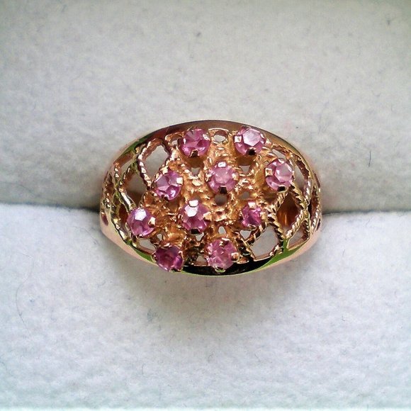 Russian USSR 14K 583 Rose Pink Gold Pink Tourmaline Cluster Basket Weave Ring - Picture 2 of 8